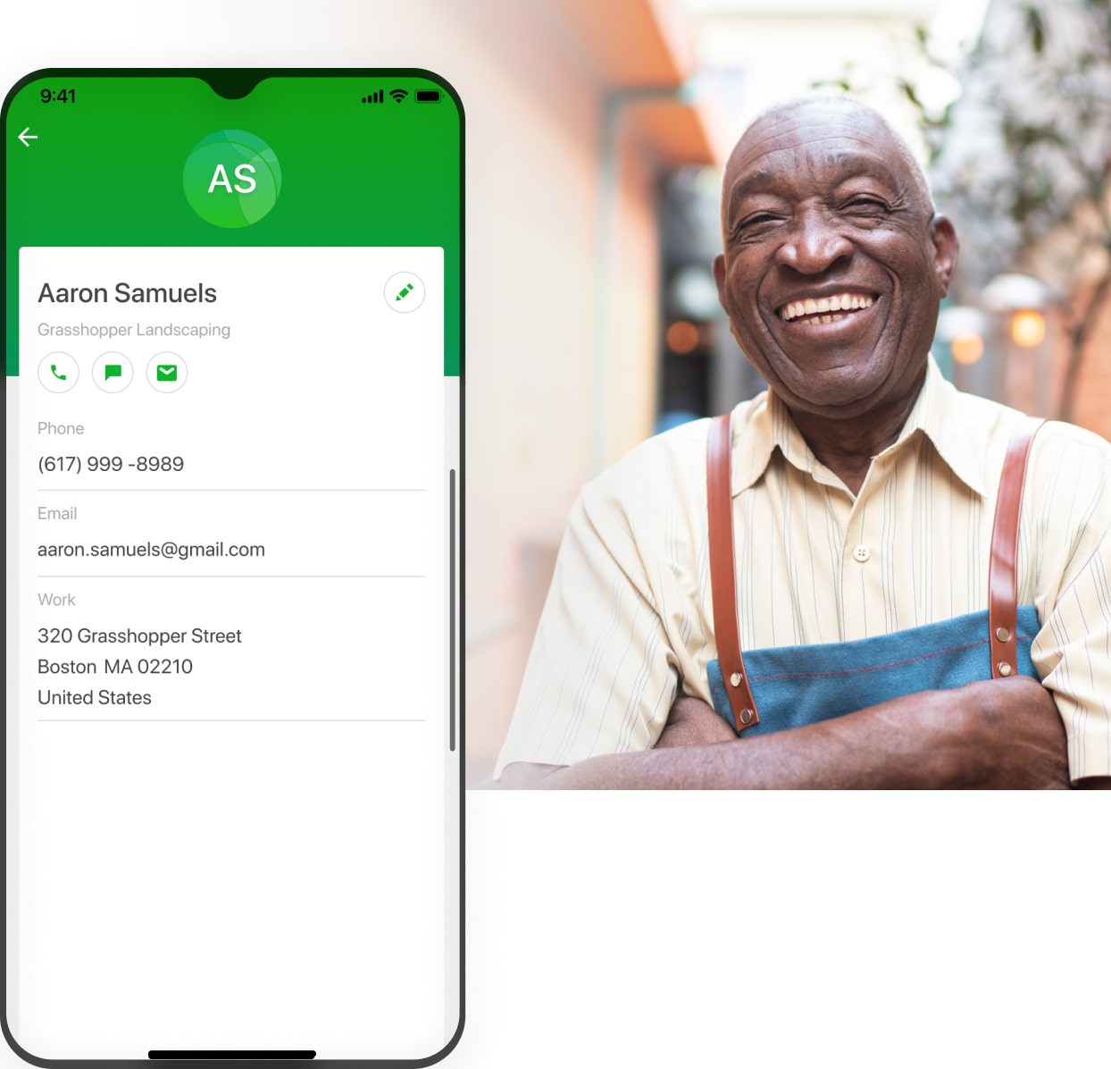Contact view in Grasshopper next to smiling small business owner.