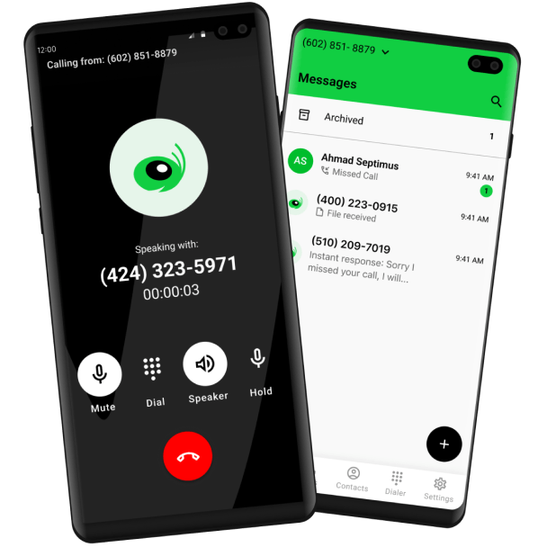 Two android phones showing Grasshopper call dialing and messaging.