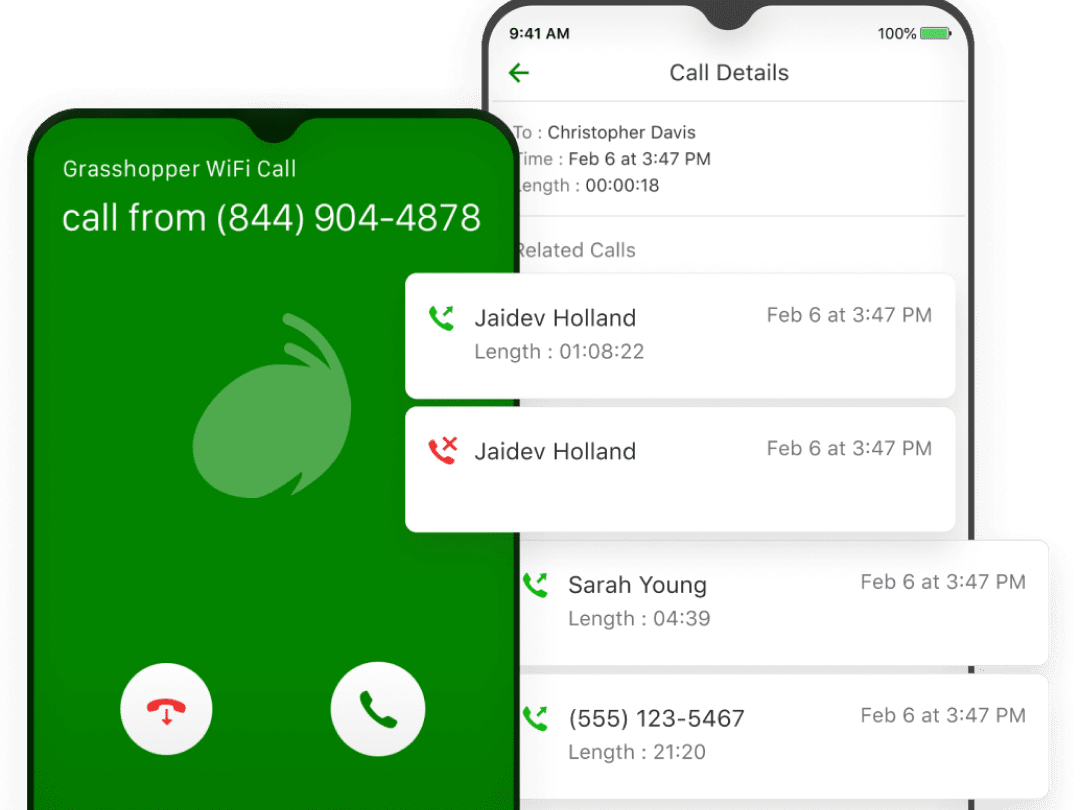 Phone screens showing an incoming Grasshopper call and calling details like time, length, and related calls