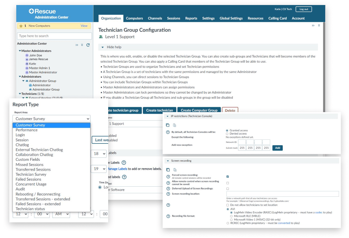 Gebruikersinterface met het dashboard en de beveiligingsfuncties van Rescue.