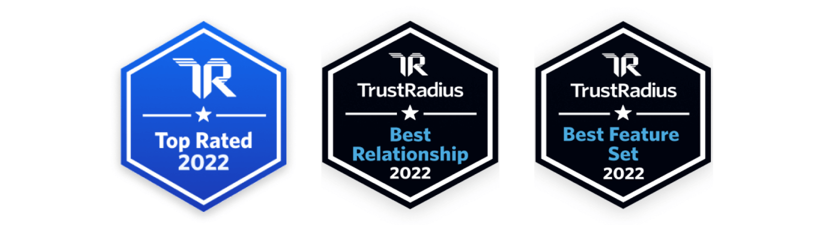 3 TrustRadius award emblems earned by Rescue in 2022 in the Remote Desktop Software category: Top Rated, Best Feature Set, and Best Relationship 