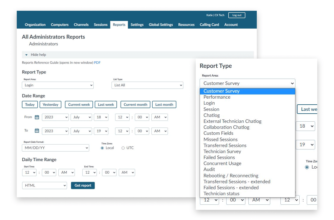 UI showing how to create a report.