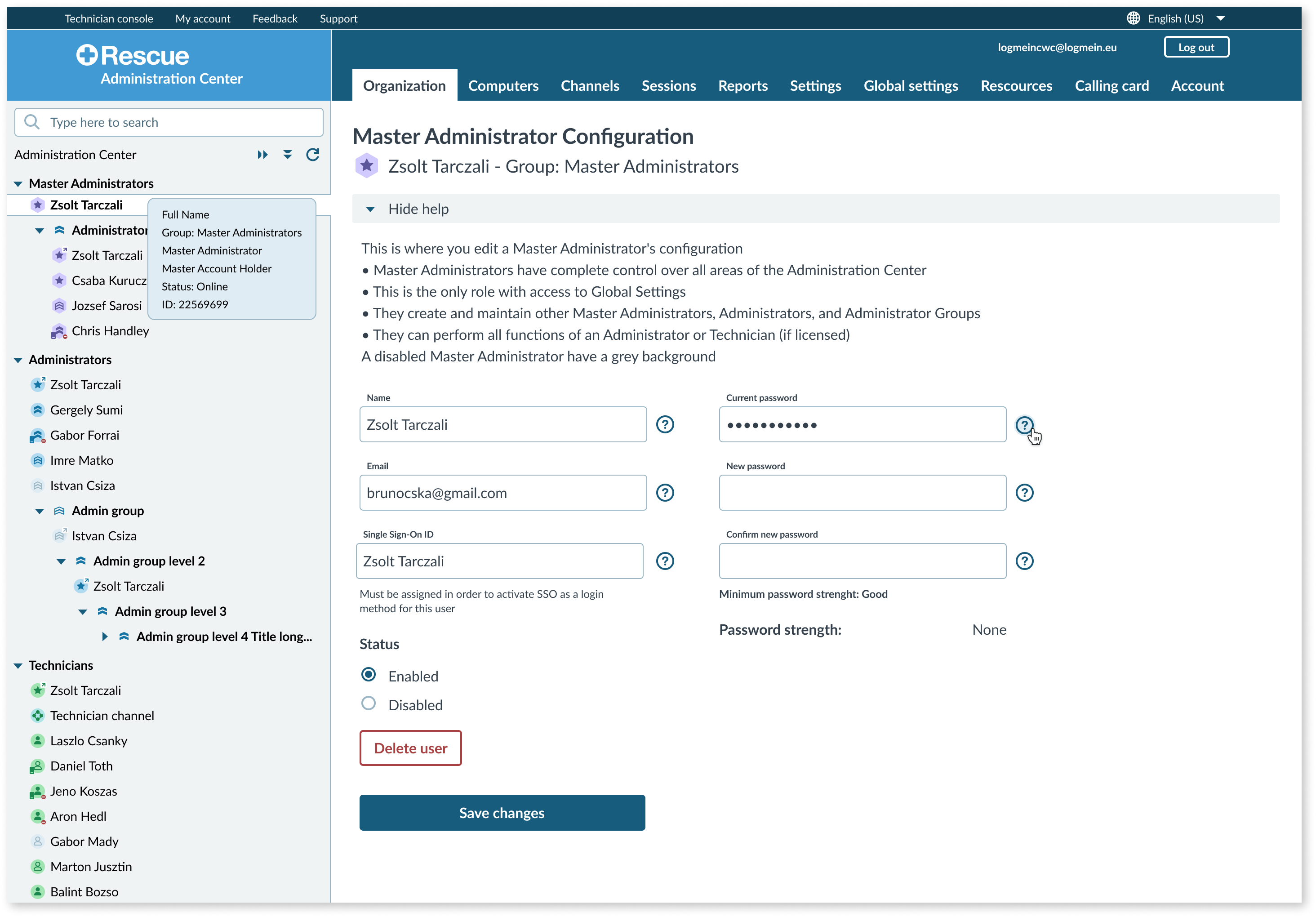 UI showing Master Administrator Configuration settings in the admin center.