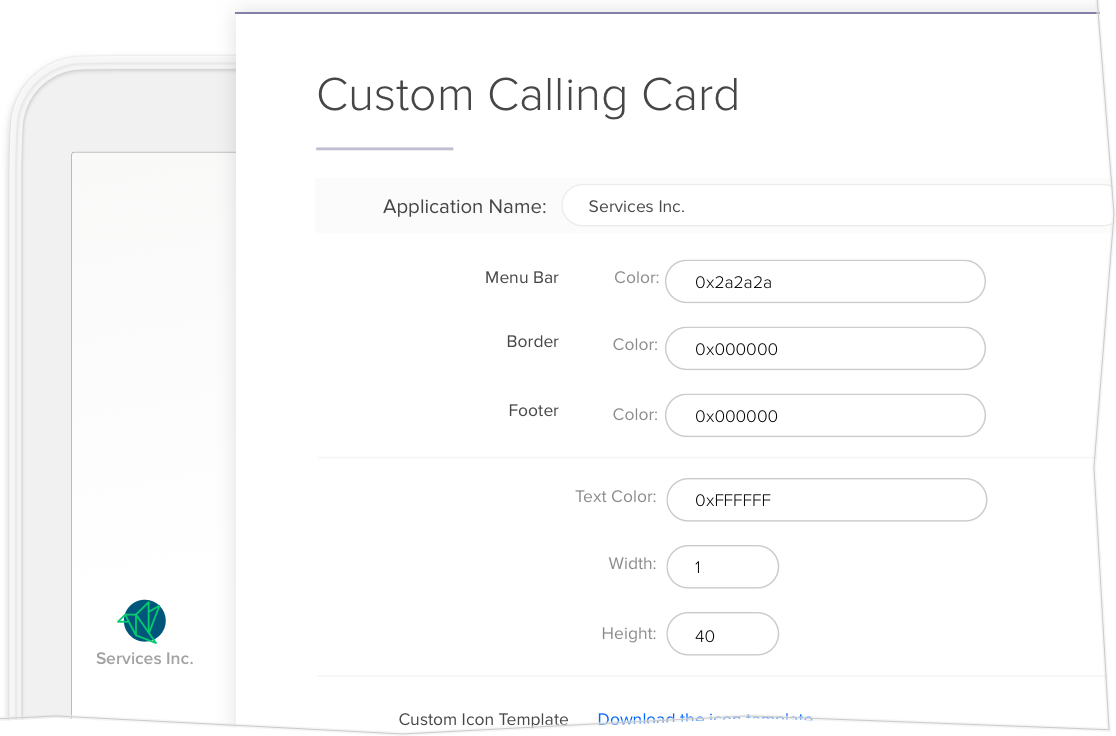 Edit calling card fields for a custom desktop icon.