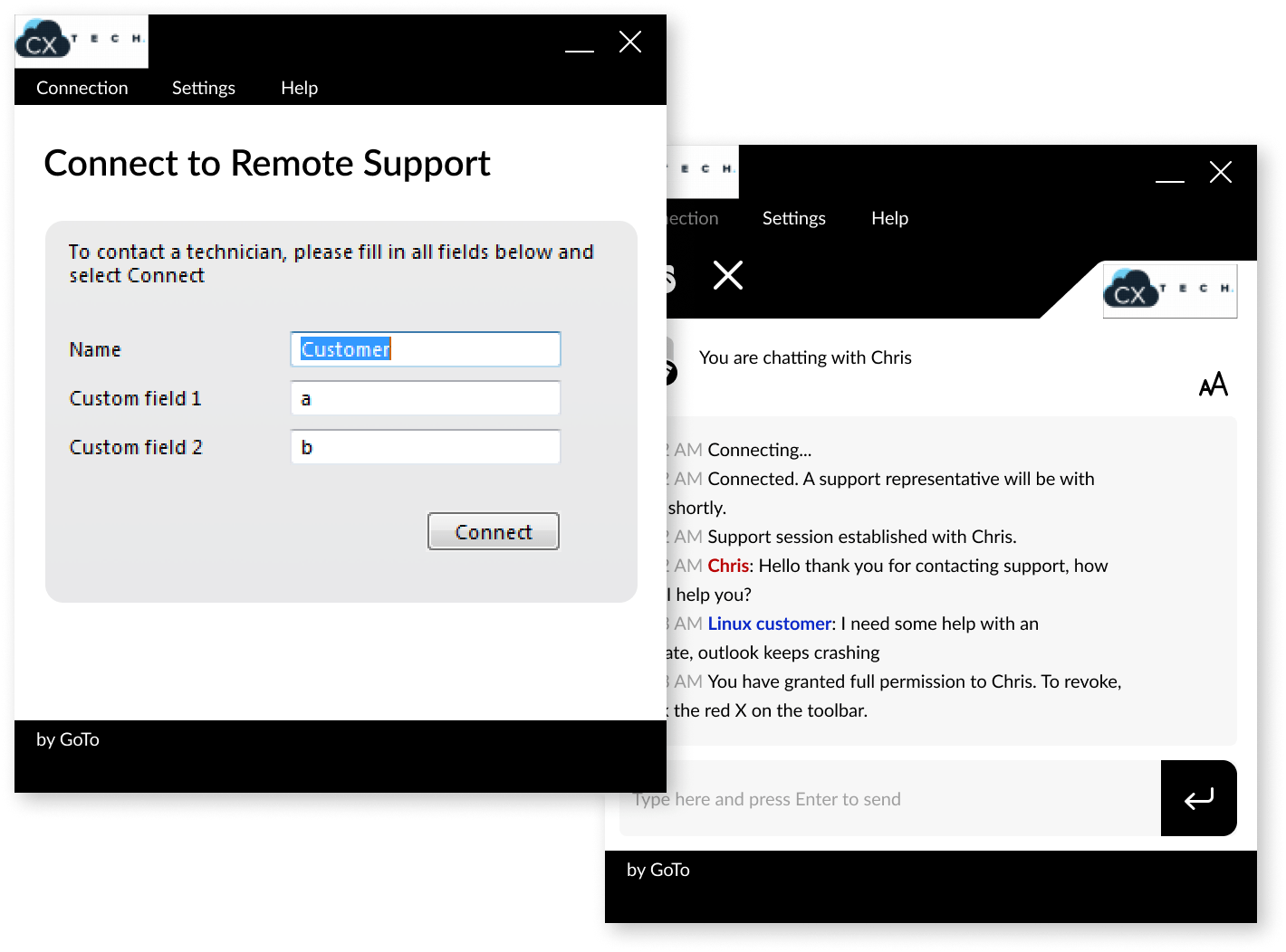 Gebruikersinterface met een chat-venster en een venster om verbinding te maken met remote ondersteuning