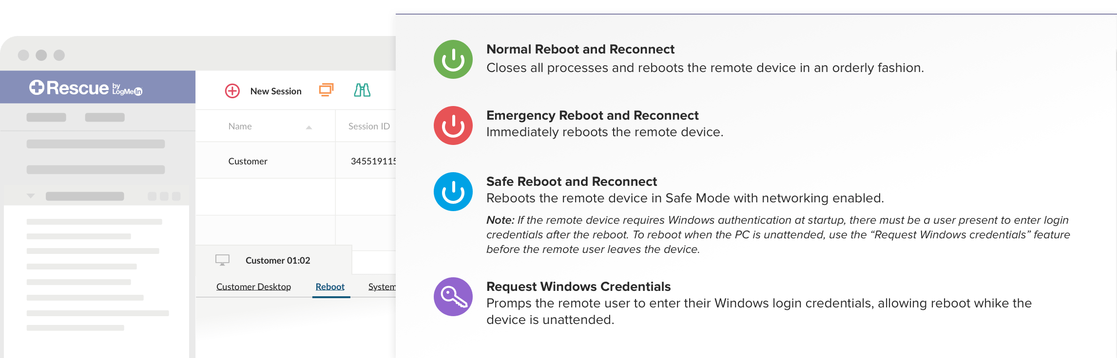 Reboot and reconnect options for remote support session